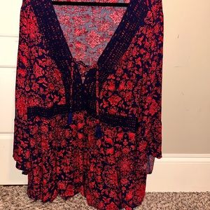 Plus Size Lace Up Floral Blouse